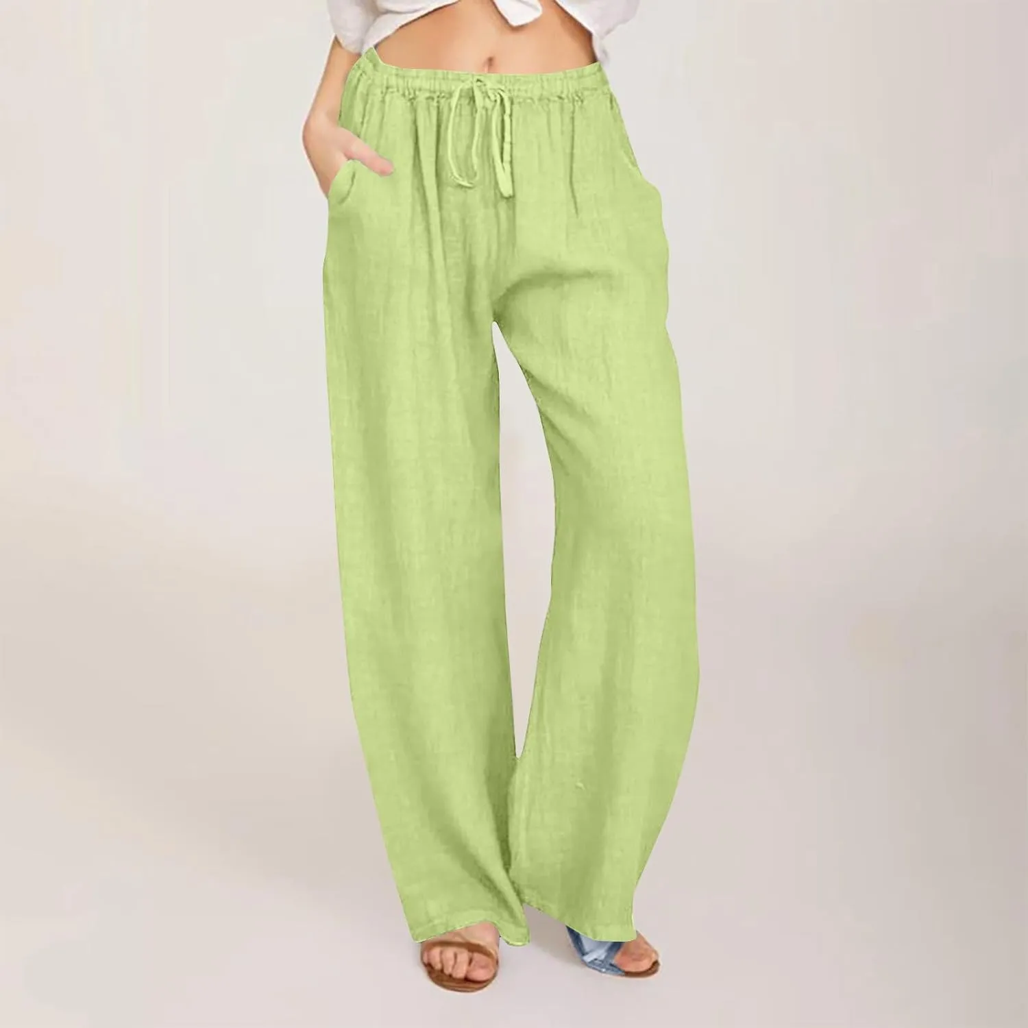 Women's Linen Palazzo Pants 2025 Summer Casual Drawstring High Waist Wide Leg Pants Flowy Beach Trousers Outfits