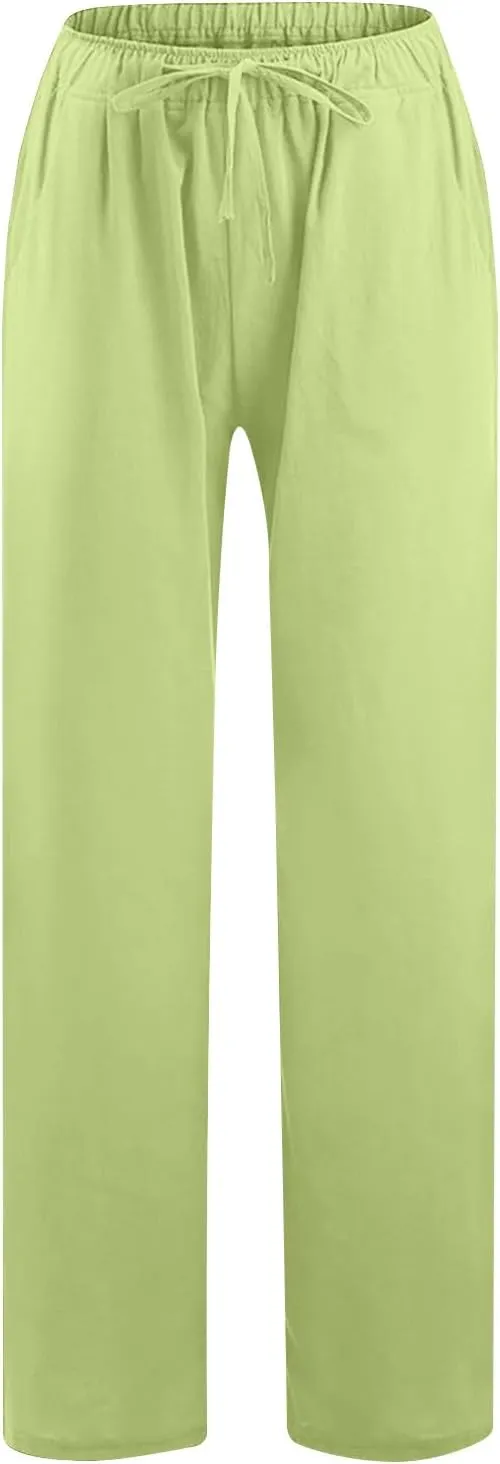 Women's Linen Palazzo Pants 2025 Summer Casual Drawstring High Waist Wide Leg Pants Flowy Beach Trousers Outfits