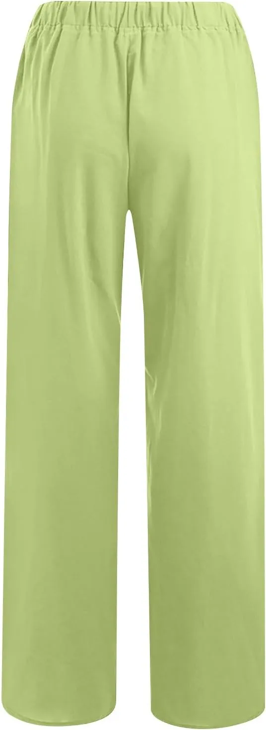 Women's Linen Palazzo Pants 2025 Summer Casual Drawstring High Waist Wide Leg Pants Flowy Beach Trousers Outfits