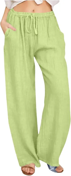 Women's Linen Palazzo Pants 2025 Summer Casual Drawstring High Waist Wide Leg Pants Flowy Beach Trousers Outfits