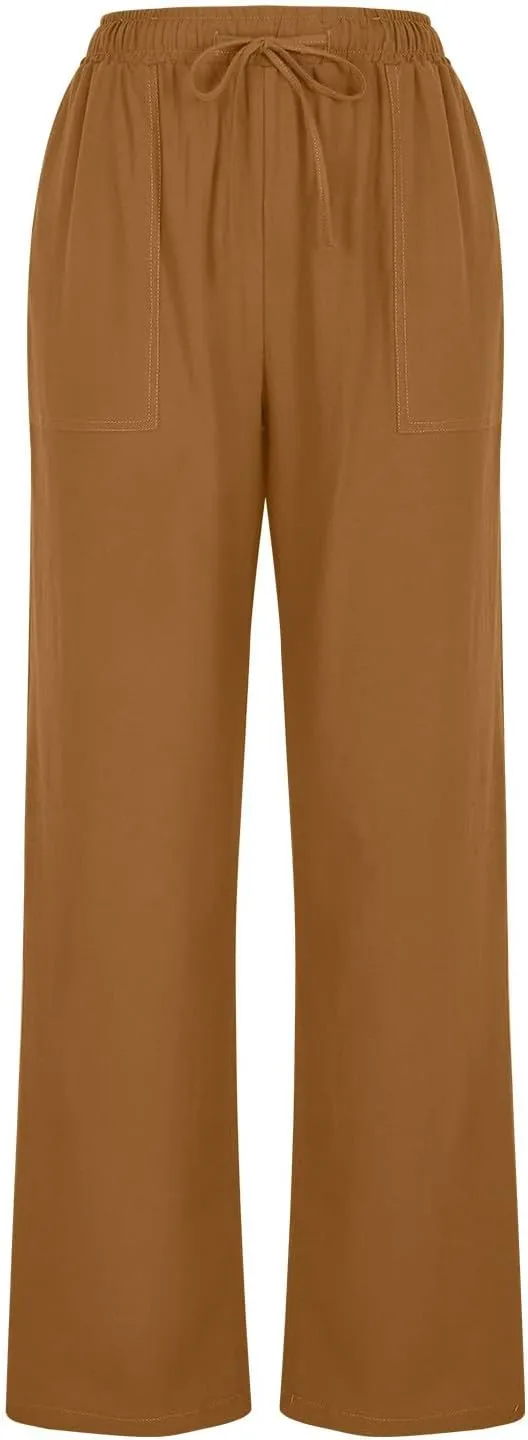 Women's Linen Palazzo Pants Summer 2025 High Waisted Drawstring Trousers Plus Size Trendy Lounge Pant with Pockets