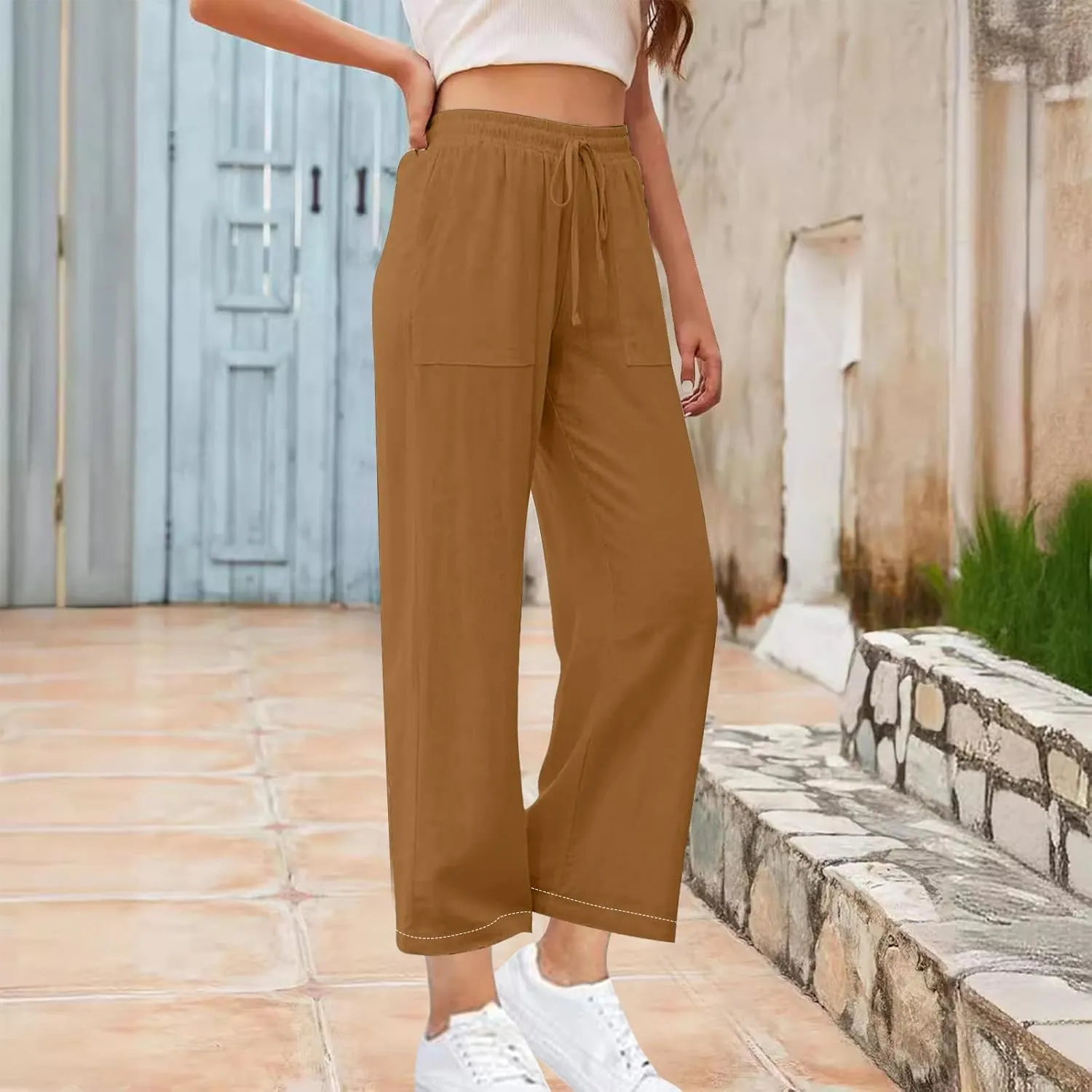 Women's Linen Palazzo Pants Summer 2025 High Waisted Drawstring Trousers Plus Size Trendy Lounge Pant with Pockets