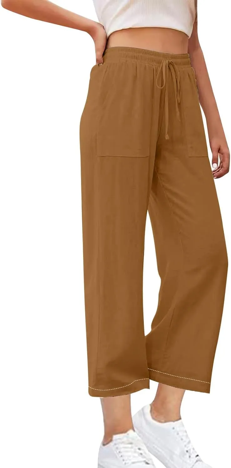Women's Linen Palazzo Pants Summer 2025 High Waisted Drawstring Trousers Plus Size Trendy Lounge Pant with Pockets