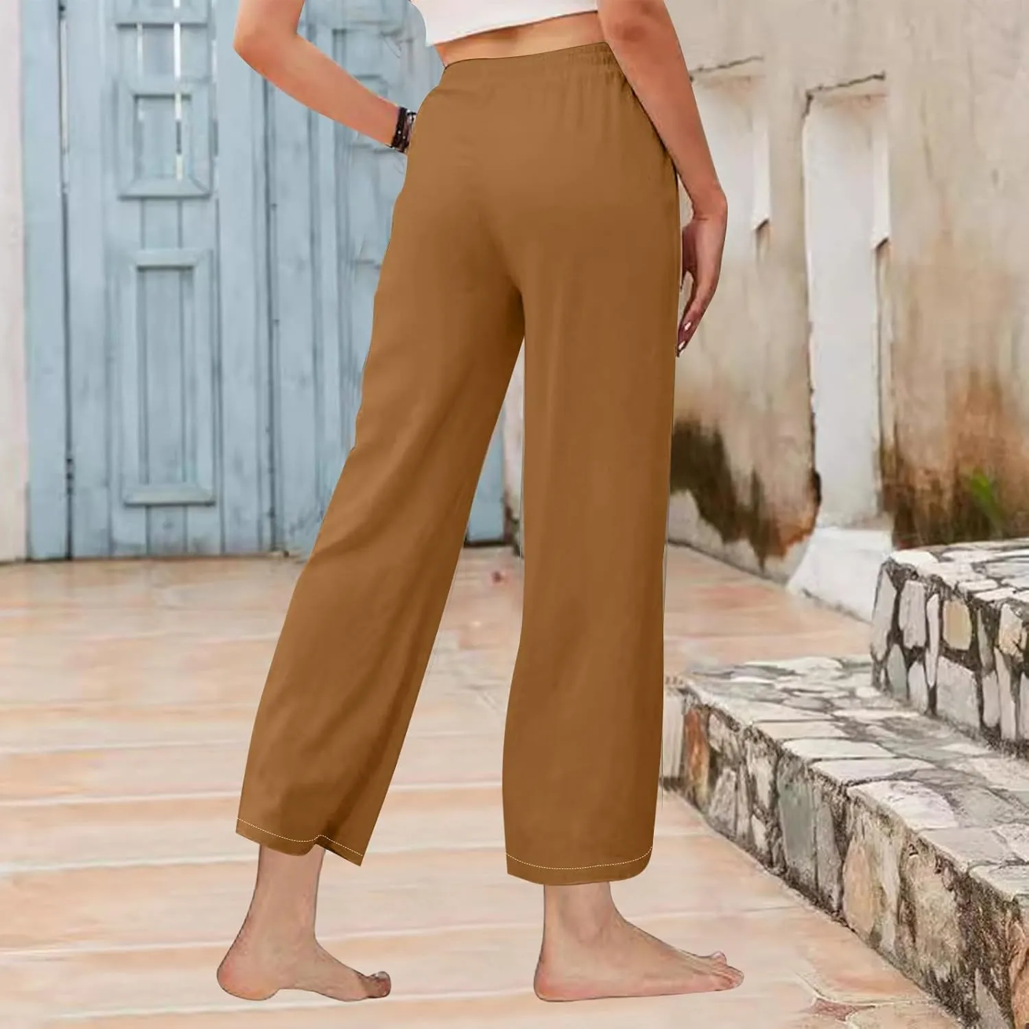 Women's Linen Palazzo Pants Summer 2025 High Waisted Drawstring Trousers Plus Size Trendy Lounge Pant with Pockets