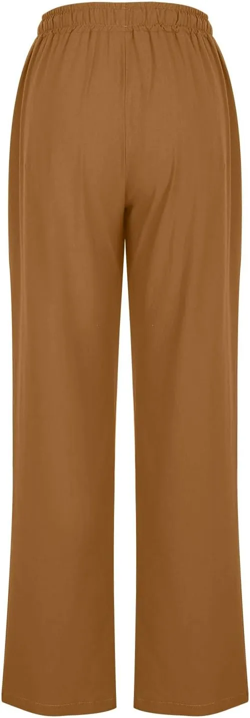 Women's Linen Palazzo Pants Summer 2025 High Waisted Drawstring Trousers Plus Size Trendy Lounge Pant with Pockets