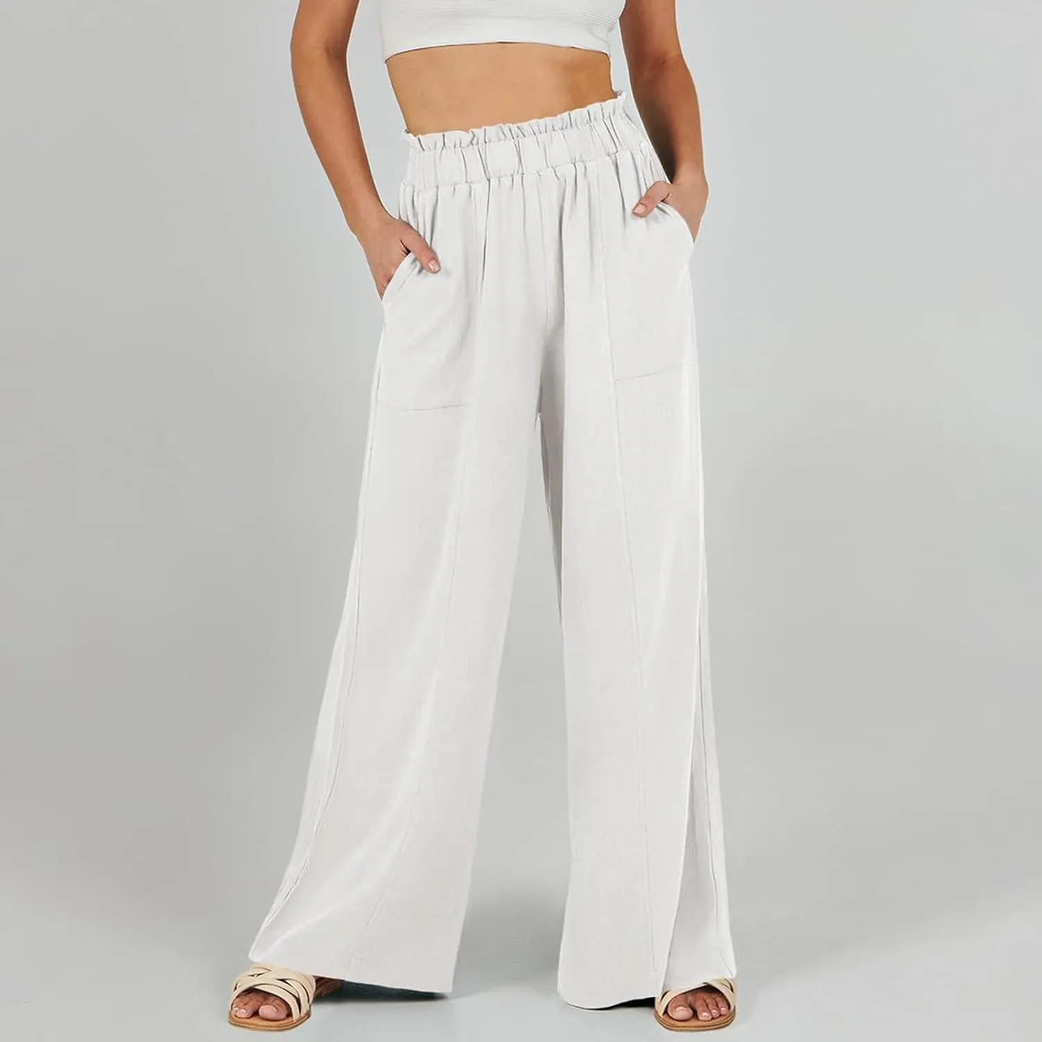 Womens Linen Pants 2025 Summer Casual Loose Wide Leg Palazzo Pants Summer High Waist Flowy Beach Trousers with Pockets