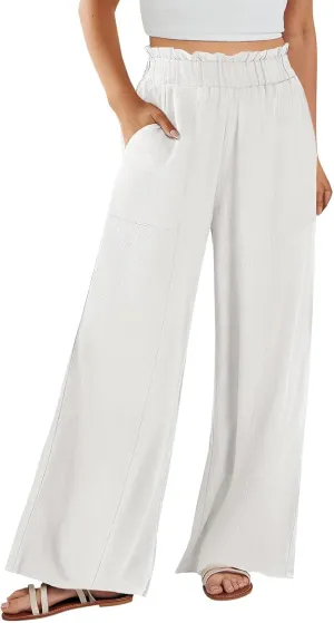 Womens Linen Pants 2025 Summer Casual Loose Wide Leg Palazzo Pants Summer High Waist Flowy Beach Trousers with Pockets
