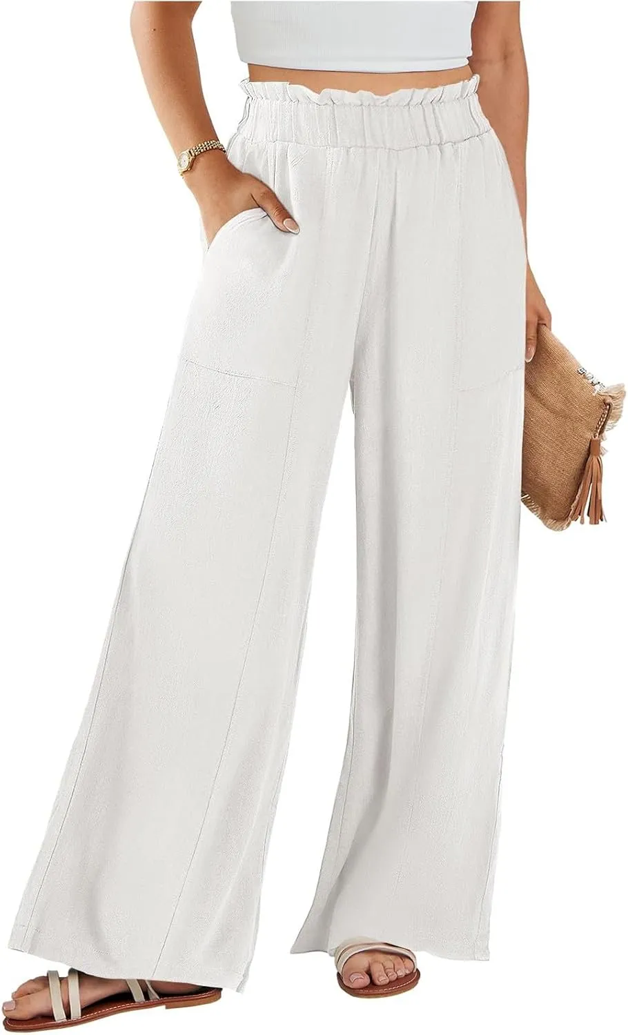 Womens Linen Pants 2025 Summer Casual Loose Wide Leg Palazzo Pants Summer High Waist Flowy Beach Trousers with Pockets