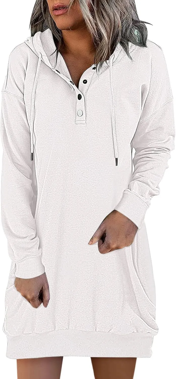 Women's Long Hooded Sweatshirt Casual Oversized Solid Color Button Hooded Sweatshirt Drawstring Pullover