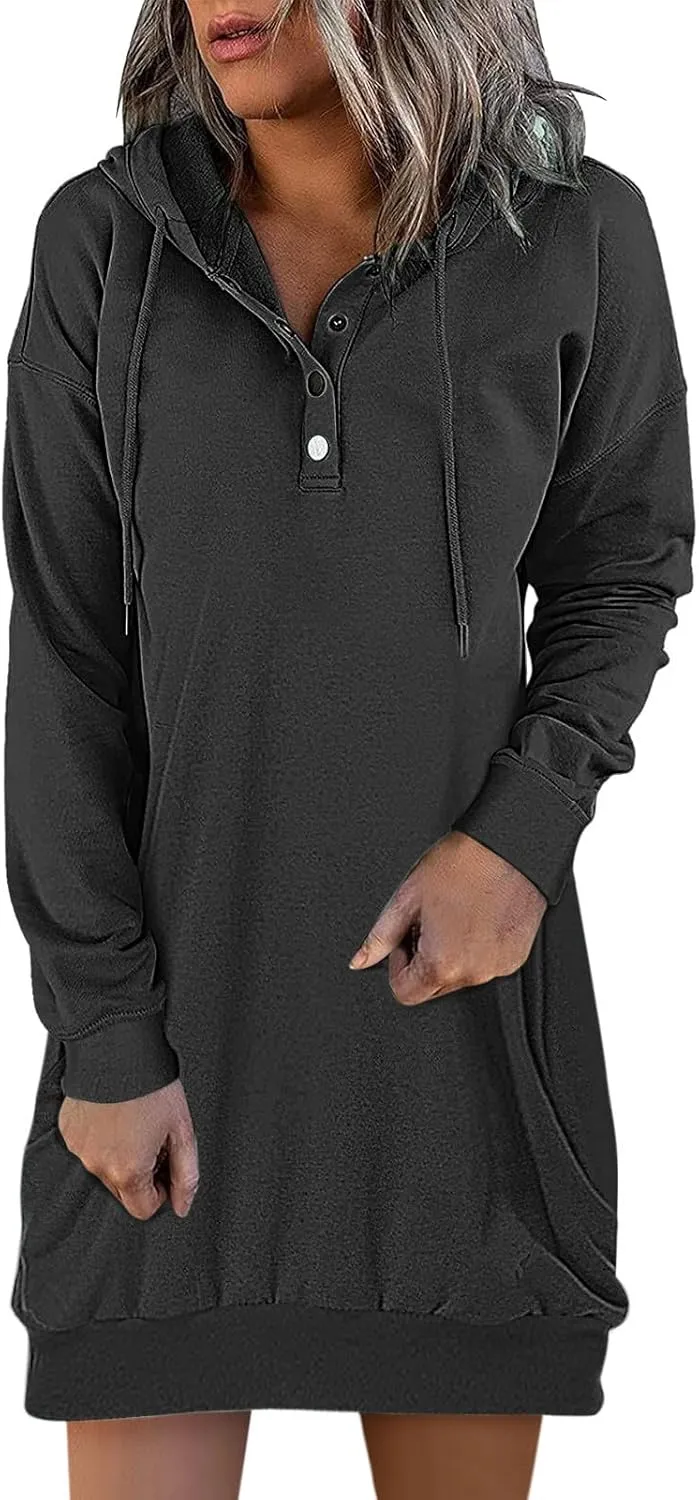 Women's Long Hooded Sweatshirt Casual Oversized Solid Color Button Hooded Sweatshirt Drawstring Pullover