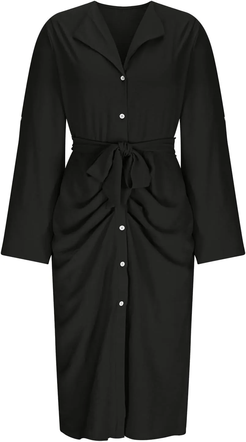Women's Long Sleeve Button Up Shirt Dress 2025 Elegant Fitted Lapel Office Dress Casual Loose Tie Waist Midi Dresses