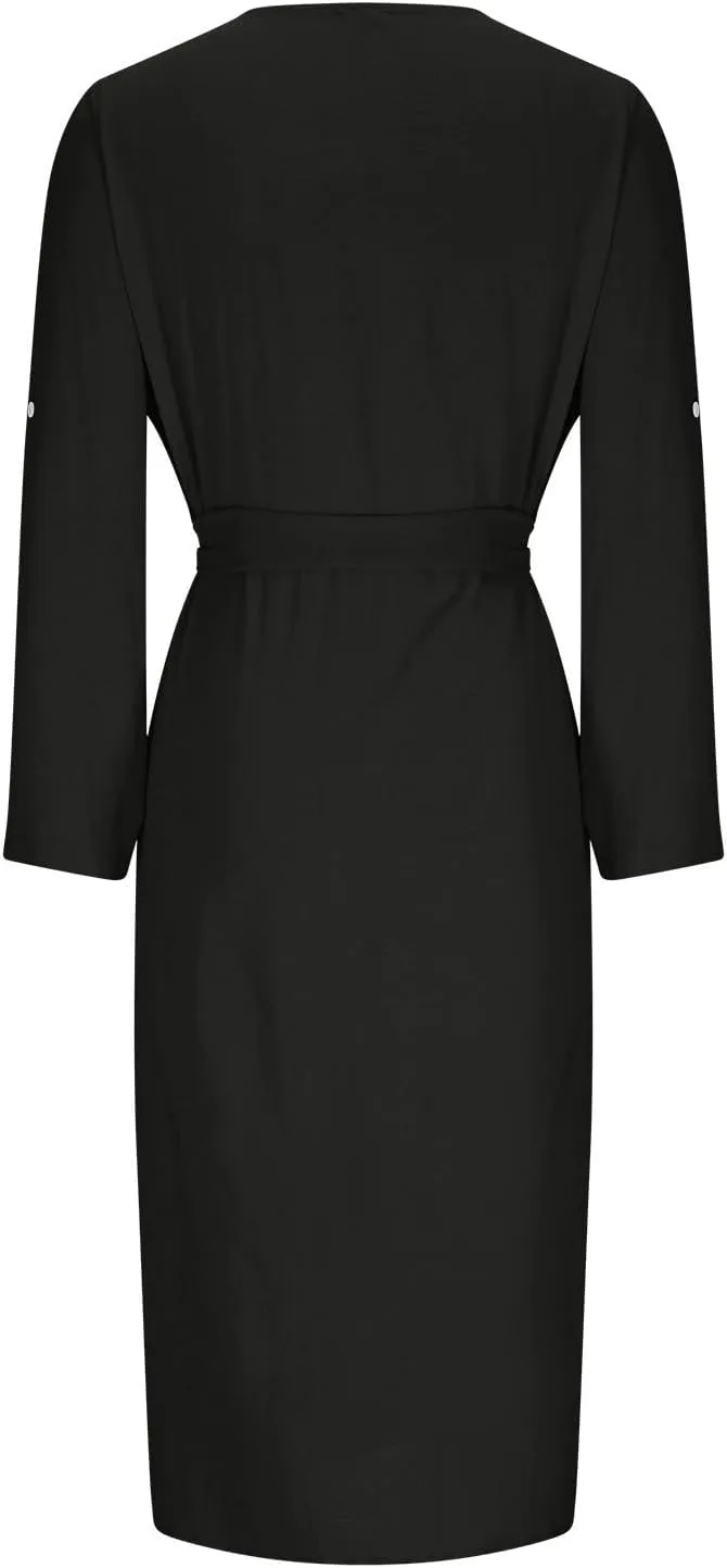 Women's Long Sleeve Button Up Shirt Dress 2025 Elegant Fitted Lapel Office Dress Casual Loose Tie Waist Midi Dresses