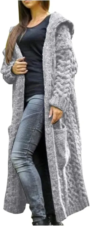 Womens Long Sleeve Chunky Cable Knit Long Cardigan Plus Size Open Front Hooded Sweater Outerwear with Pockets