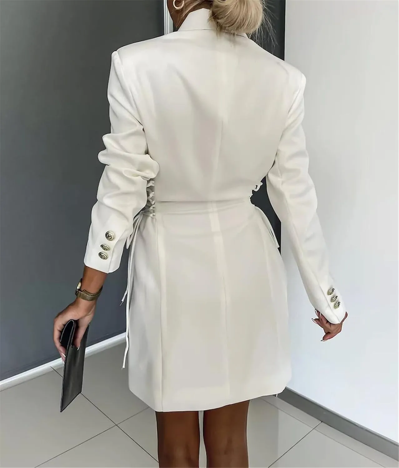 Womens Long Sleeve Lapel V Neck Lace Up Button Bodycon Sexy Nightclub Party Blazer Jackets Dress