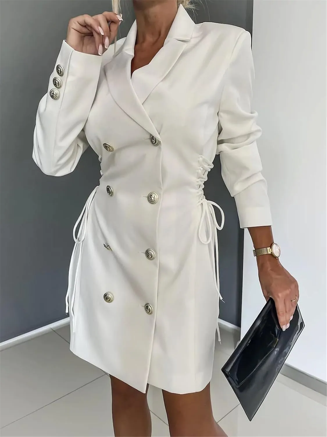 Womens Long Sleeve Lapel V Neck Lace Up Button Bodycon Sexy Nightclub Party Blazer Jackets Dress