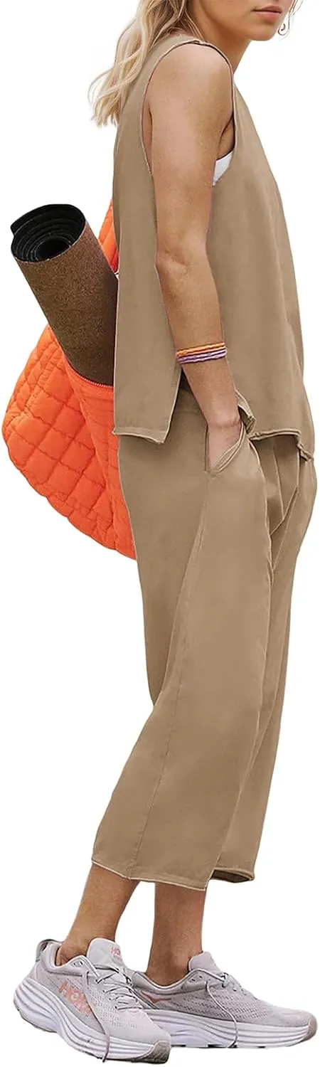 Womens Lounge Sets 2 Piece Outfits Summer Sleeveless Top and Wide Leg Pants Set Cotton Loungewear Tracksuit 2025