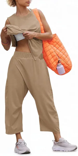 Womens Lounge Sets 2 Piece Outfits Summer Sleeveless Top and Wide Leg Pants Set Cotton Loungewear Tracksuit 2025