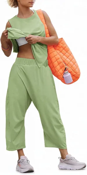 Womens Lounge Sets 2 Piece Outfits Summer Sleeveless Top and Wide Leg Pants Set Cotton Loungewear Tracksuit 2025