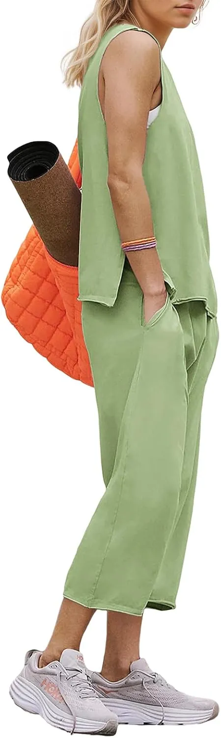 Womens Lounge Sets 2 Piece Outfits Summer Sleeveless Top and Wide Leg Pants Set Cotton Loungewear Tracksuit 2025
