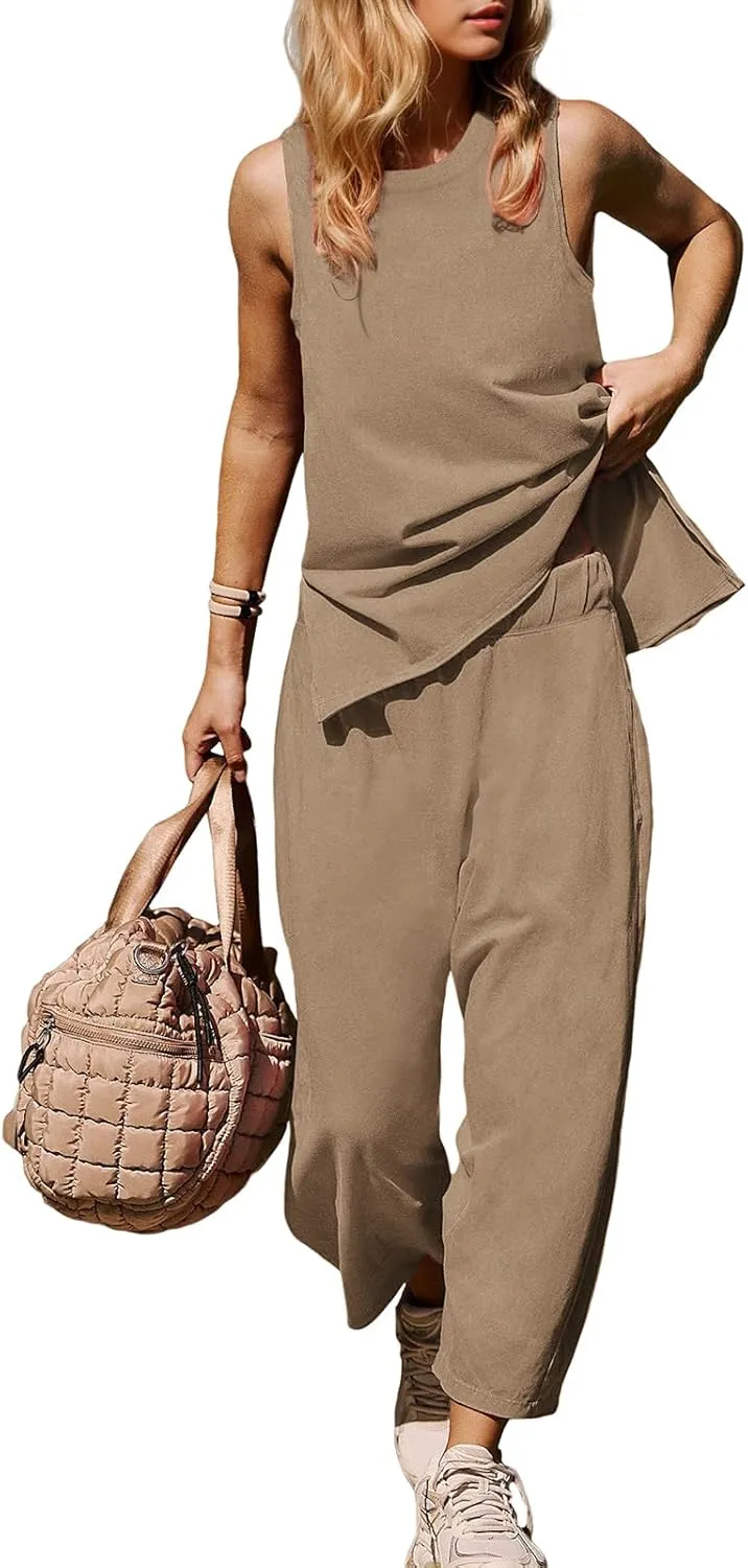 Womens Lounge Sets 2 Piece Outfits Summer Sleeveless Top and Wide Leg Pants Set Cotton Loungewear Tracksuit 2025