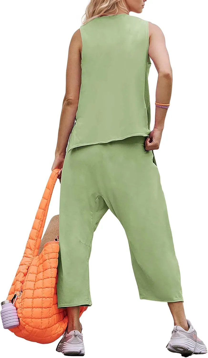 Womens Lounge Sets 2 Piece Outfits Summer Sleeveless Top and Wide Leg Pants Set Cotton Loungewear Tracksuit 2025