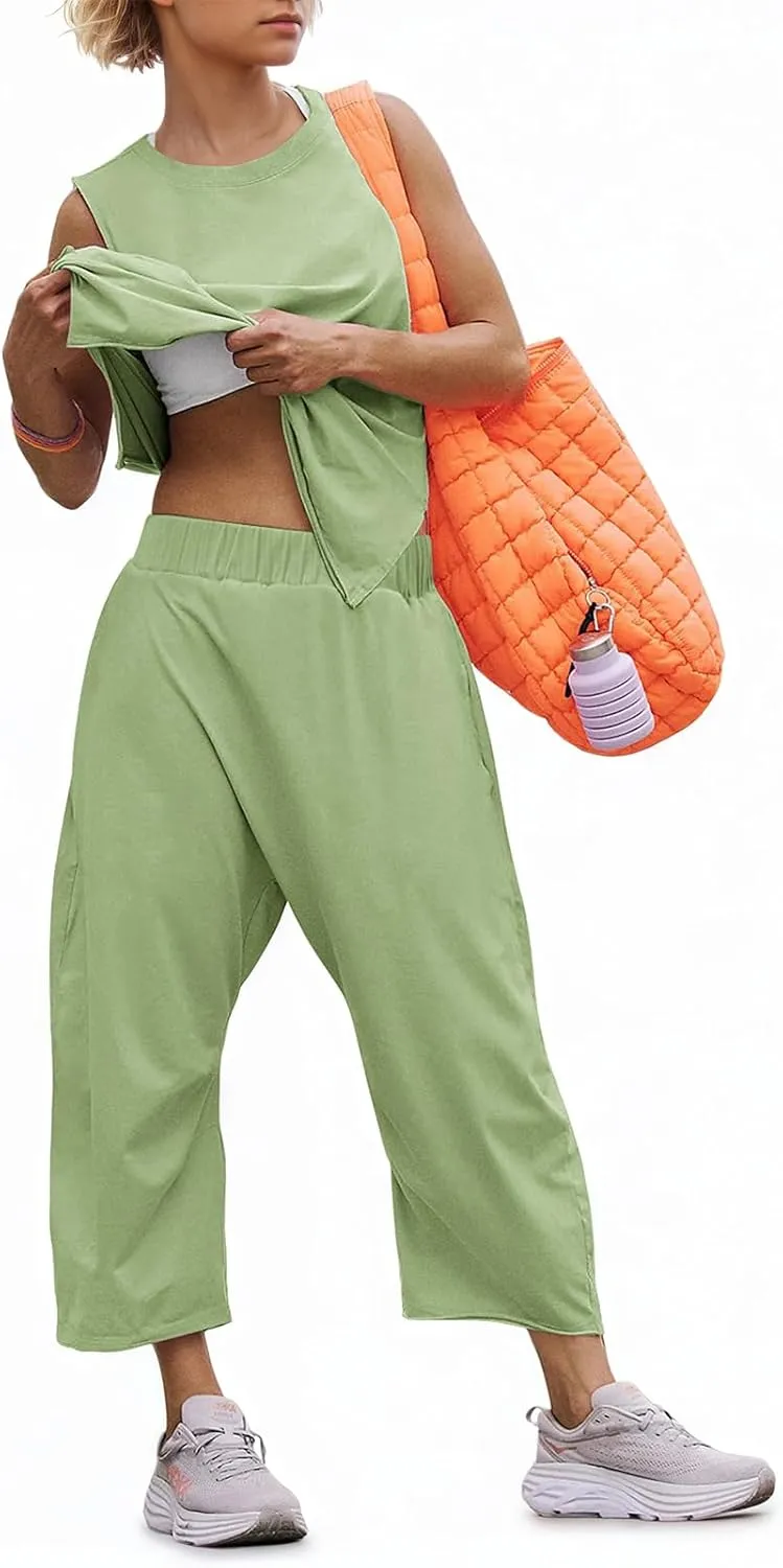 Womens Lounge Sets 2 Piece Outfits Summer Sleeveless Top and Wide Leg Pants Set Cotton Loungewear Tracksuit 2025