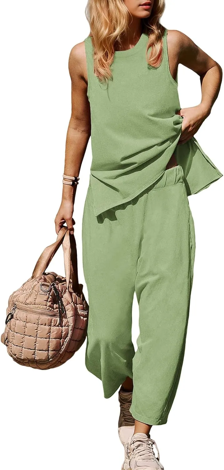 Womens Lounge Sets 2 Piece Outfits Summer Sleeveless Top and Wide Leg Pants Set Cotton Loungewear Tracksuit 2025