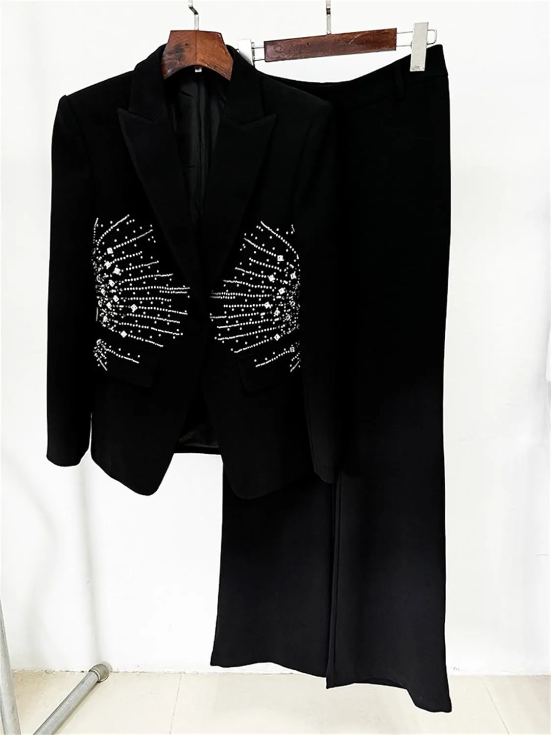 Women's Matching Sets Heavy Beaded Diamond One Button Suit Trousers Set Two Piece Sets Womens Outifits