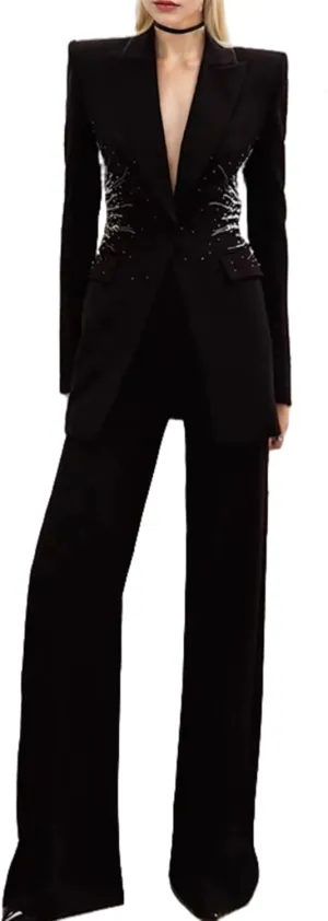 Women's Matching Sets Heavy Beaded Diamond One Button Suit Trousers Set Two Piece Sets Womens Outifits