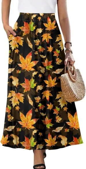 Womens Maxi Skirts for Outdoor Ladies Elastic Band Long Skirts with Pockets Casual Dance Maxi Skirts S-2XL