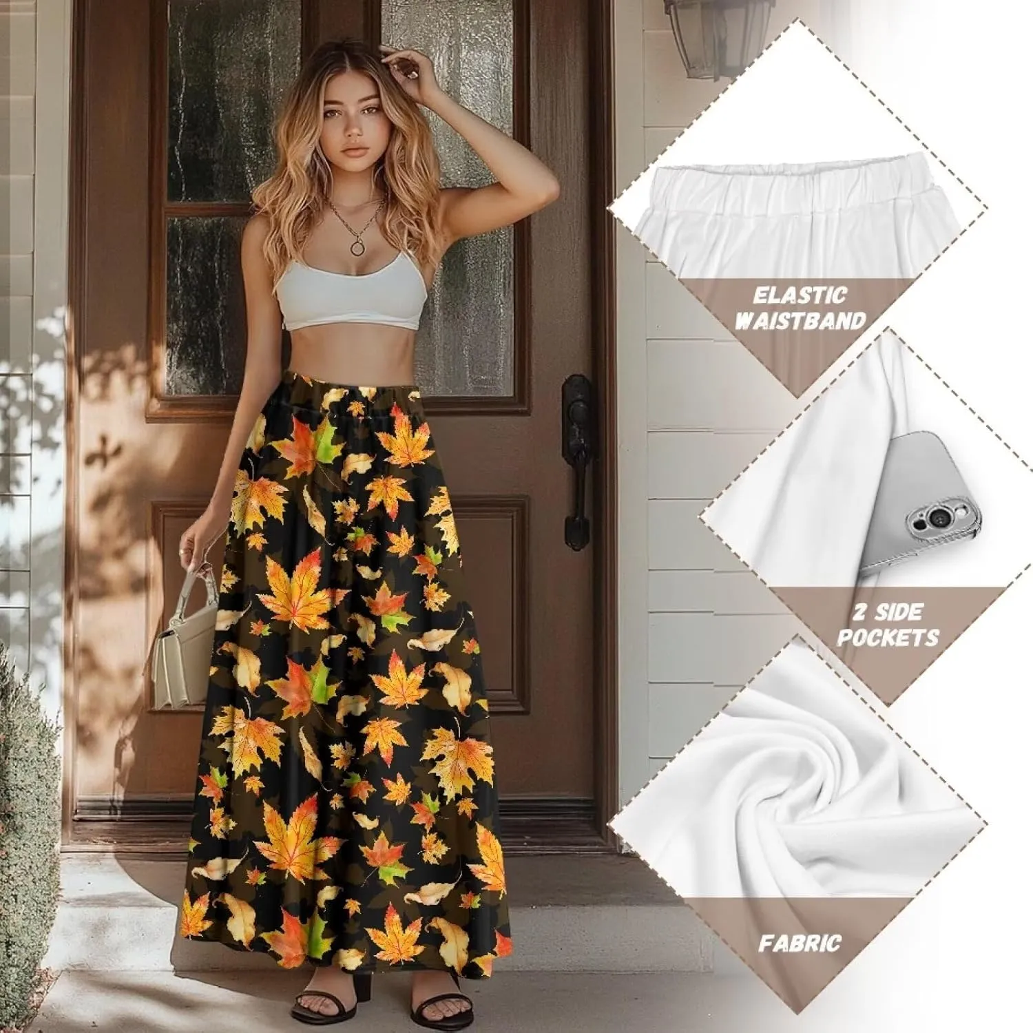 Womens Maxi Skirts for Outdoor Ladies Elastic Band Long Skirts with Pockets Casual Dance Maxi Skirts S-2XL