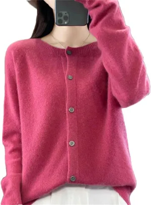 Women's Merino Wool Cardigan Long Sleeve Knitted Crew Neck Cardigan Loose Solid Color Sweater