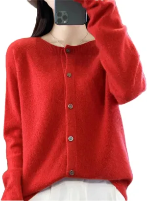 Women's Merino Wool Cardigan Long Sleeve Knitted Crew Neck Cardigan Loose Solid Color Sweater