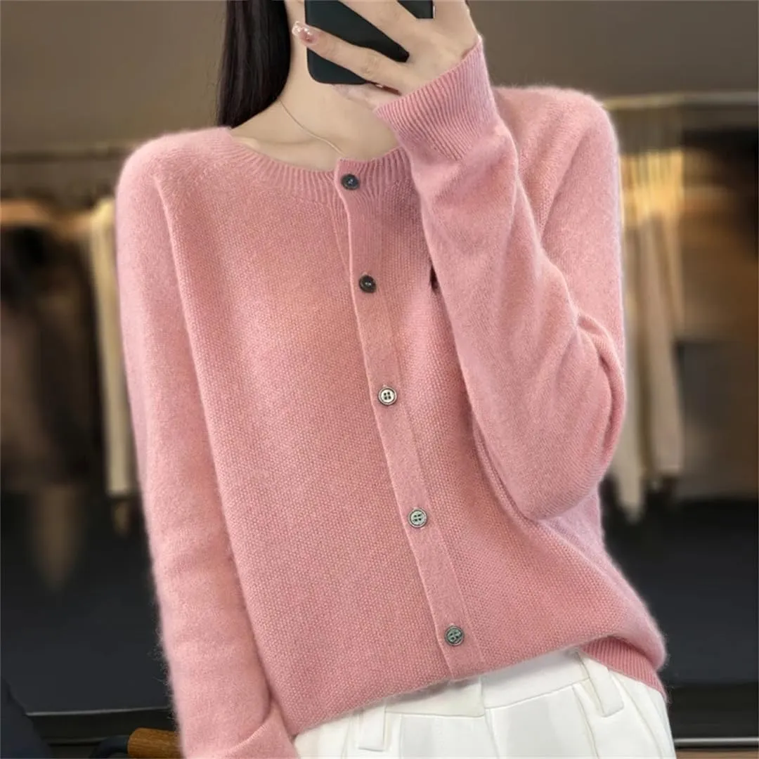 Women's Merino Wool Cardigan Long Sleeve Knitted Crew Neck Cardigan Loose Solid Color Sweater