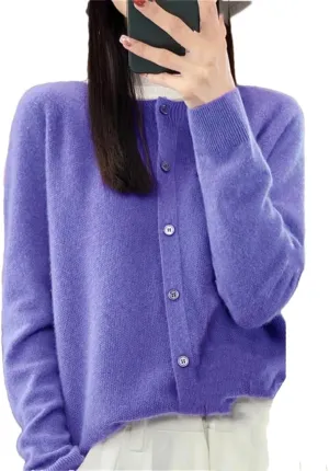 Women's Merino Wool Cardigan Long Sleeve Knitted Crew Neck Cardigan Loose Solid Color Sweater