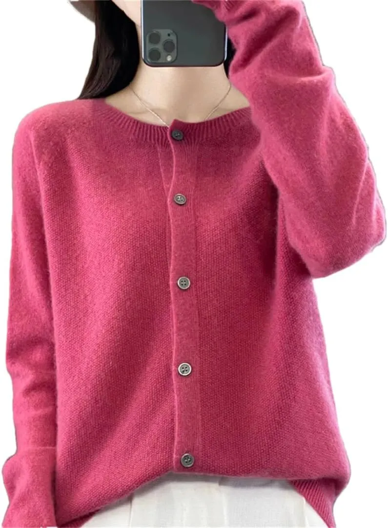Women's Merino Wool Cardigan Long Sleeve Knitted Crew Neck Cardigan Loose Solid Color Sweater