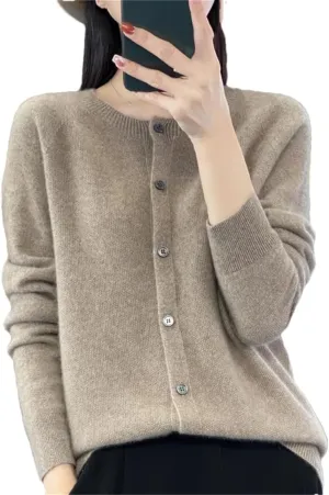 Women's Merino Wool Cardigan Long Sleeve Knitted Crew Neck Cardigan Loose Solid Color Sweater