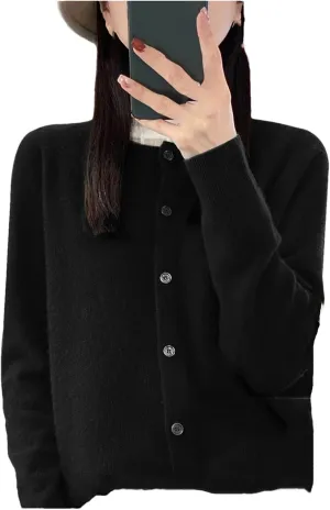 Women's Merino Wool Cardigan Long Sleeve Knitted Crew Neck Cardigan Loose Solid Color Sweater