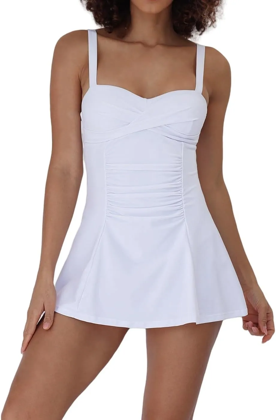 Womens One Piece Swim Dress Tummy Control Swimsuit with Skirt Ruffle Basic Adjustable Swim Dress Swimwear