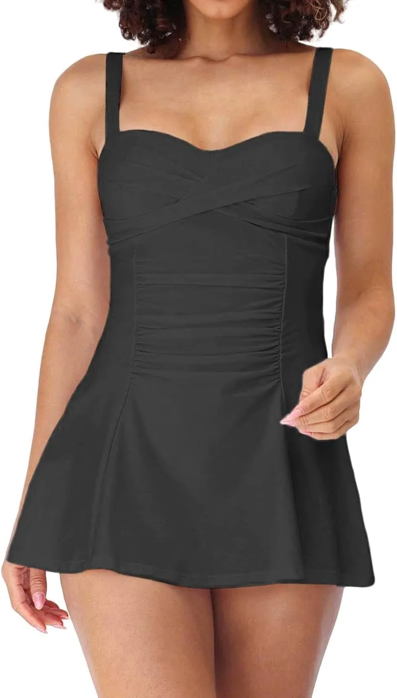 Womens One Piece Swim Dress Tummy Control Swimsuit with Skirt Ruffle Basic Adjustable Swim Dress Swimwear