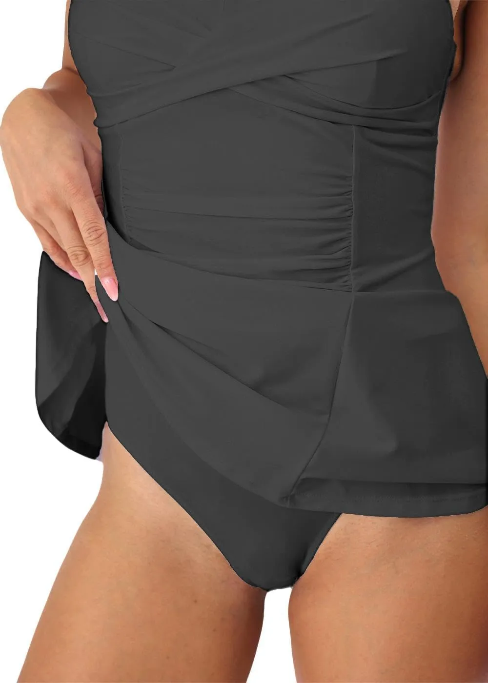 Womens One Piece Swim Dress Tummy Control Swimsuit with Skirt Ruffle Basic Adjustable Swim Dress Swimwear