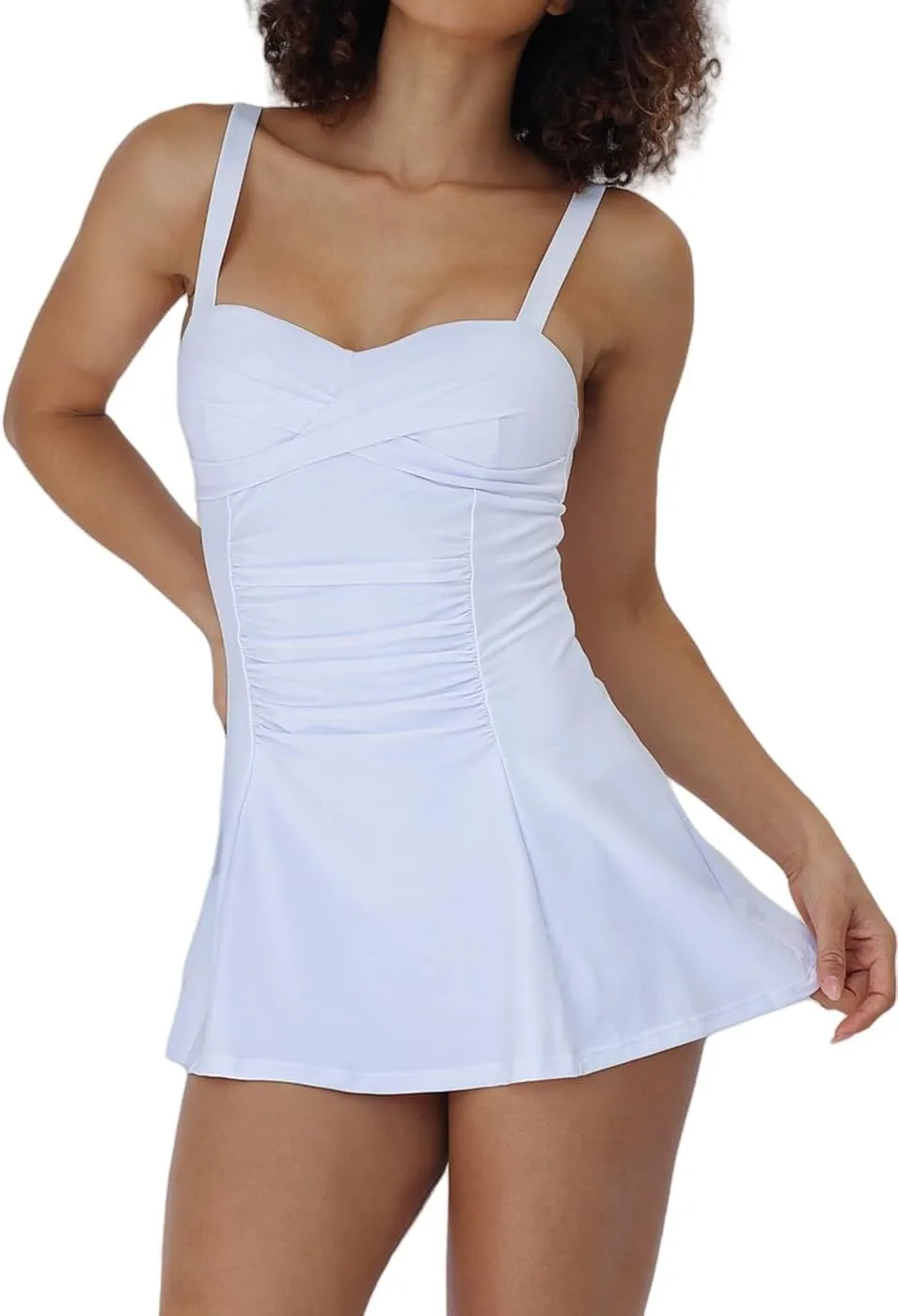 Womens One Piece Swim Dress Tummy Control Swimsuit with Skirt Ruffle Basic Adjustable Swim Dress Swimwear