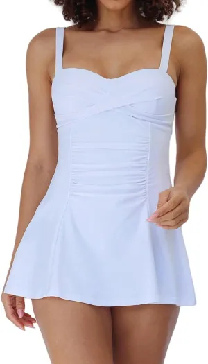 Womens One Piece Swim Dress Tummy Control Swimsuit with Skirt Ruffle Basic Adjustable Swim Dress Swimwear