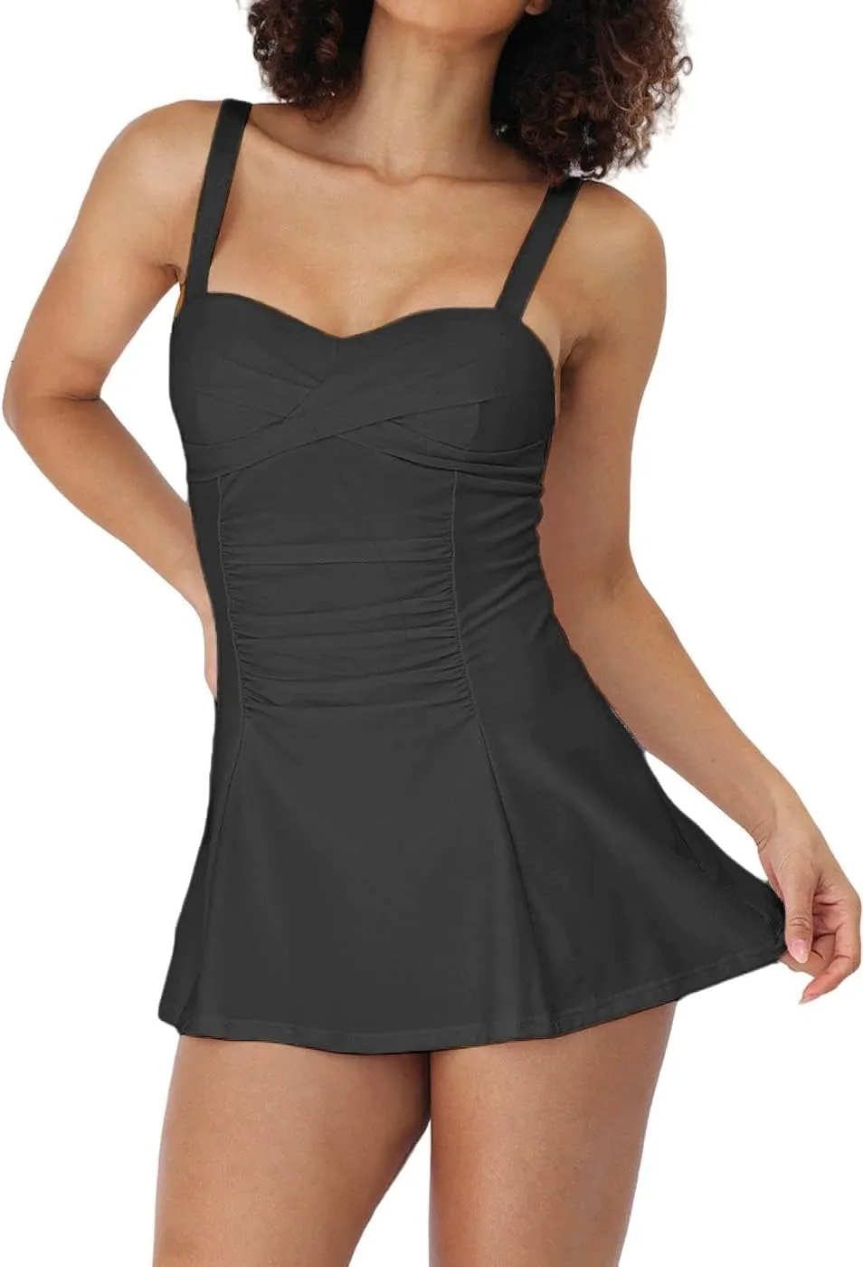 Womens One Piece Swim Dress Tummy Control Swimsuit with Skirt Ruffle Basic Adjustable Swim Dress Swimwear