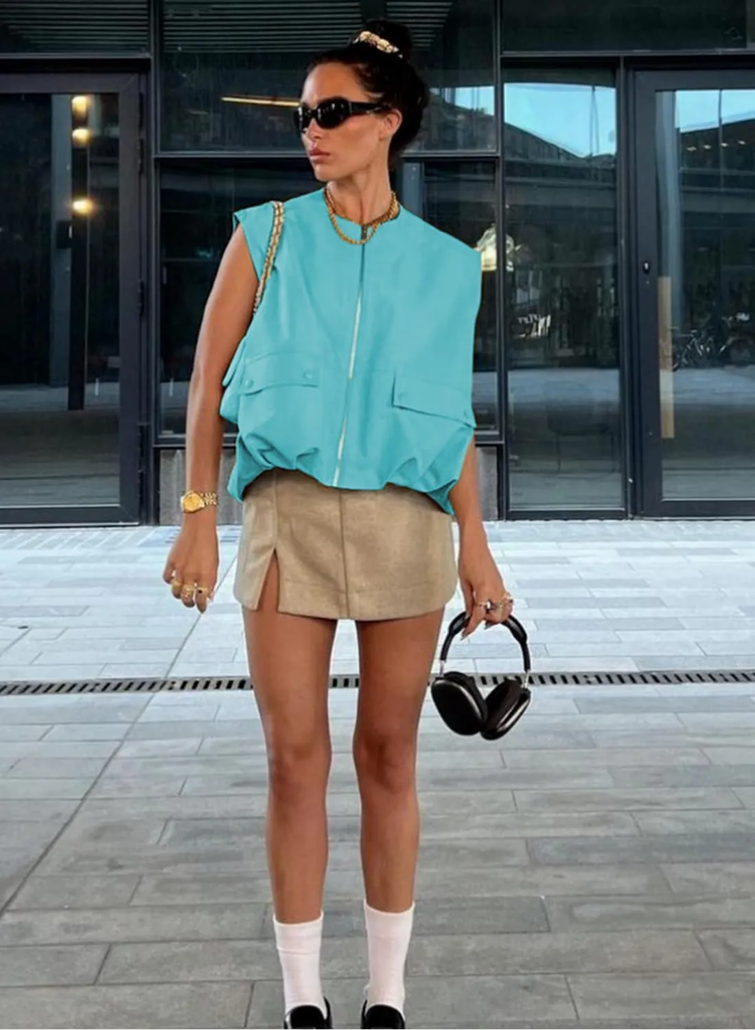 Women's Oversized Cargo Vest Casual Full Zip Up Ruched Hem Sleeveless Blazer Jackets Tops with Pockets
