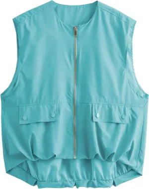 Women's Oversized Cargo Vest Casual Full Zip Up Ruched Hem Sleeveless Blazer Jackets Tops with Pockets