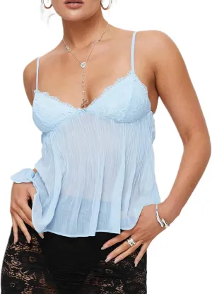 Women's Pleated Camisole Y2k Mini Tank Bowknot Front Sleeveless Spaghetti Strap V-Neck Lace Vest Cropped Tops