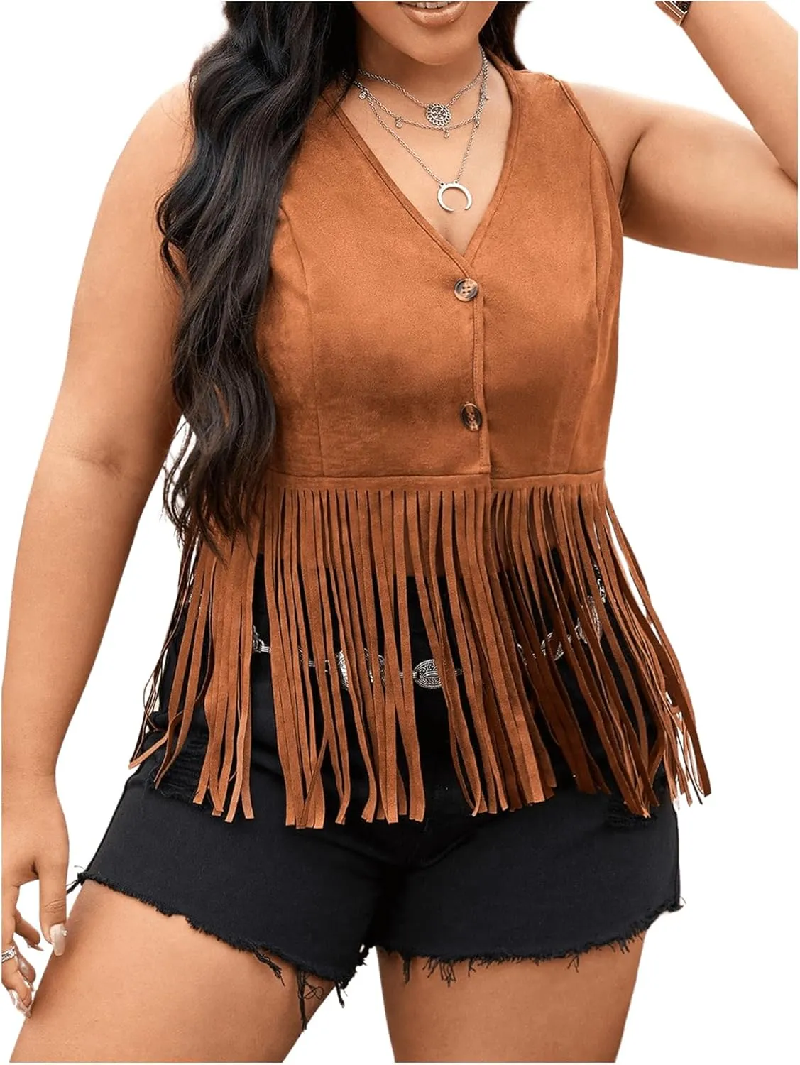 Women's Plus Size Fringe Trim Hem Jacket Sleeveless V Neck Button Front Vintage Jackets 70s Outfits