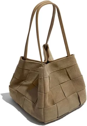 Women's Retro Suede Bucket Woven Box Bag Shoulder Crossbody Bag Versatile Handbag Hobo Chic Stylish Vintage Large Capacity