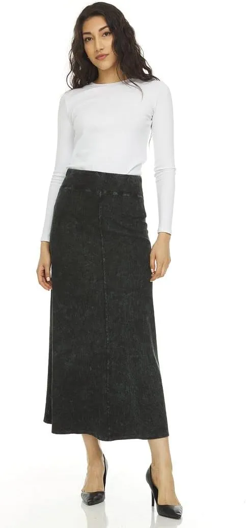 Womens Rib Denim Wash Long Maxi Skirt w/Wide Waistband